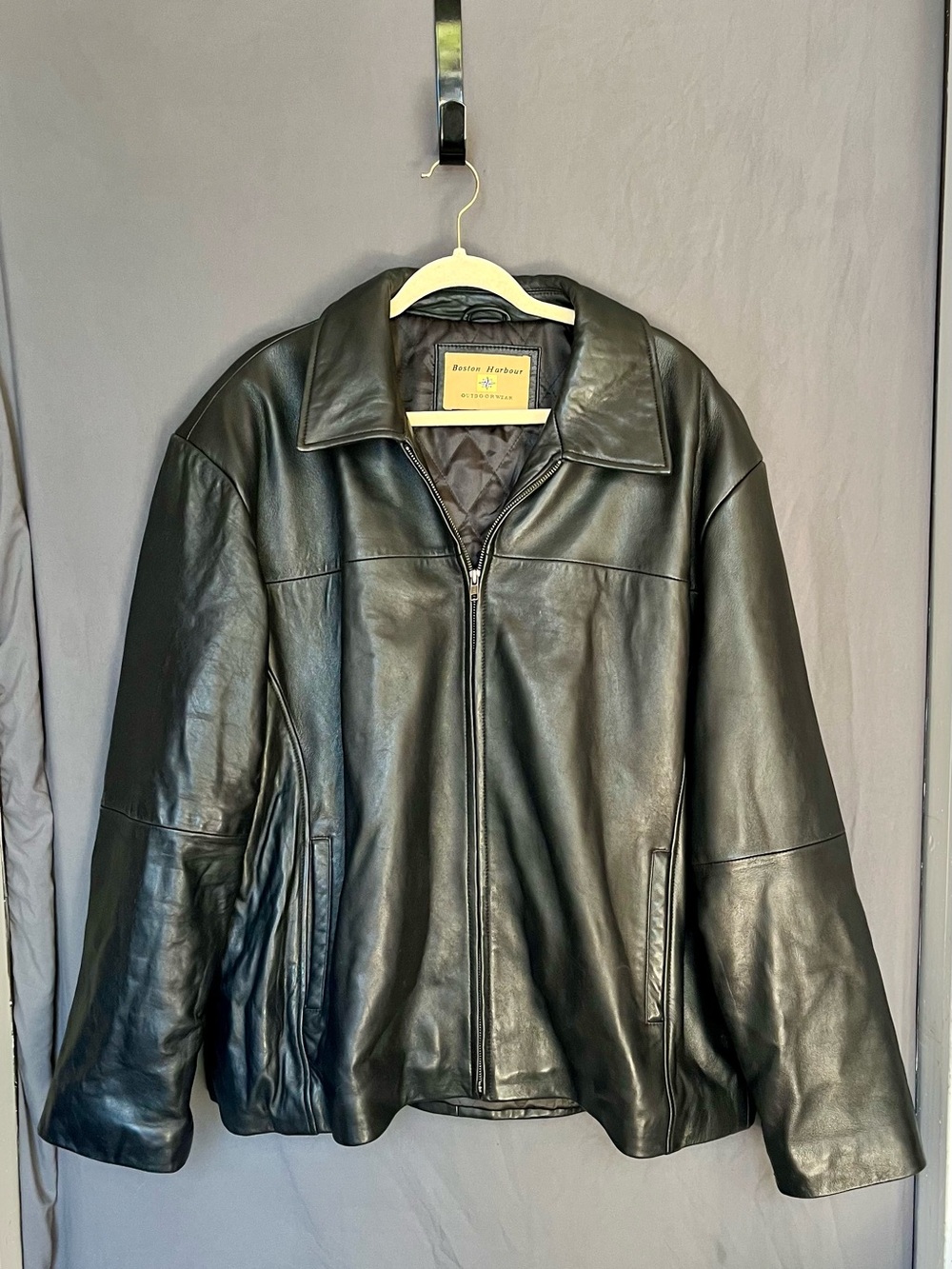 VINTAGE Boston Harbour Outdoorwear Black Leather Bomber Jacket Mens XXL